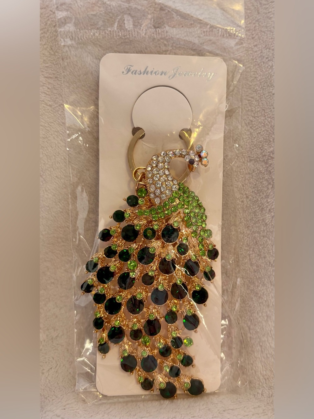 Fashion Jewelry Gold-Tone Peacock Brooch with Dark and Light Green Crystals
